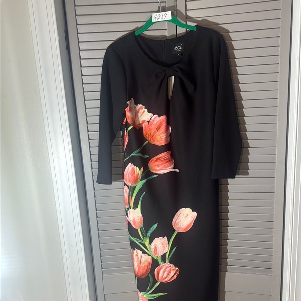 ECI Black Dress with Pink Floral Design